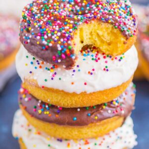 Cake Mix Donuts are light, fluffy, and simple to make. With just two ingredients, you can have these baked donuts ready to serve for a fun breakfast or dessert!