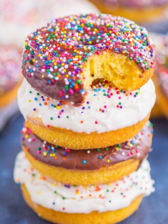 Cake Mix Donuts are light, fluffy, and simple to make. With just two ingredients, you can have these baked donuts ready to serve for a fun breakfast or dessert!