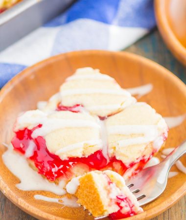 Cherry Pie Bars are taste just like the classic recipe, but in bar form. With a buttery crust, sweet cherry filling and vanilla glaze, these bars are the easiest way to get your pie fix!