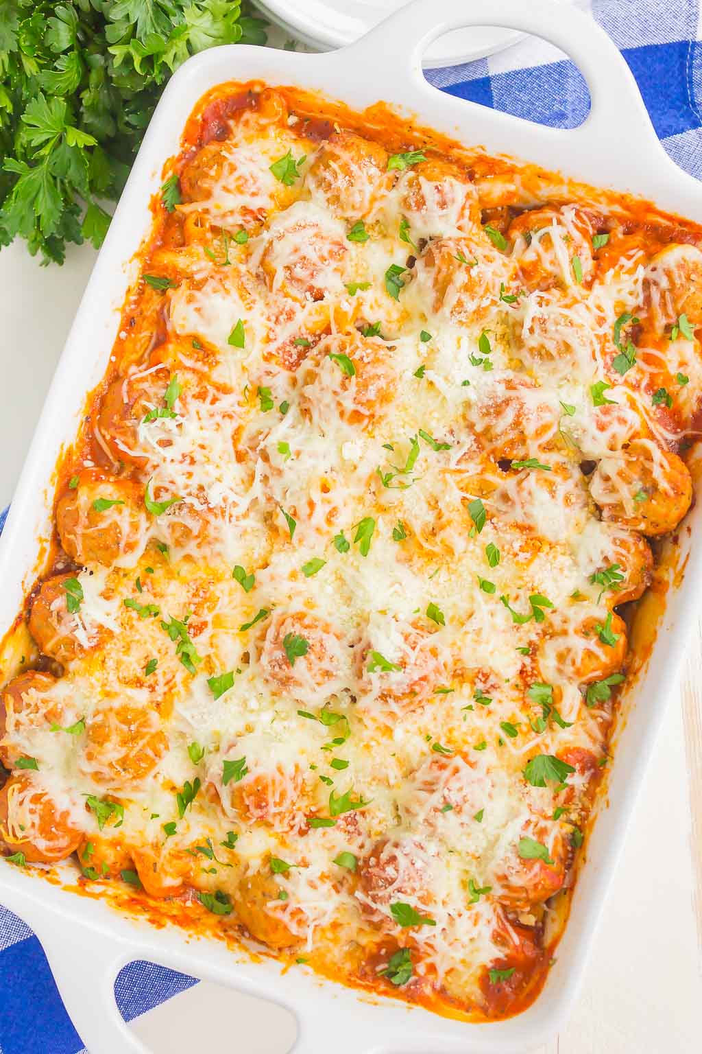 Meatball Casserole in a baking dish, seen from above. 