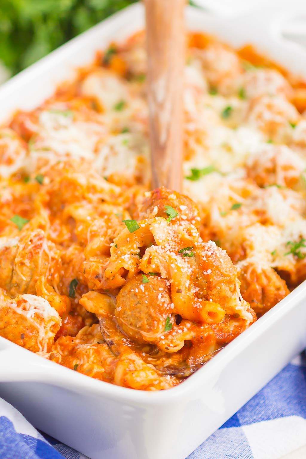 Meatball Casserole in a white baking dish