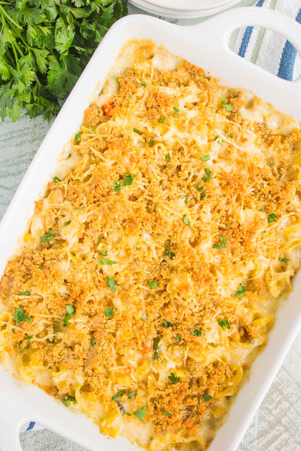 An overhead view of a white baking dish full of Creamy Chicken Noodle Casserole