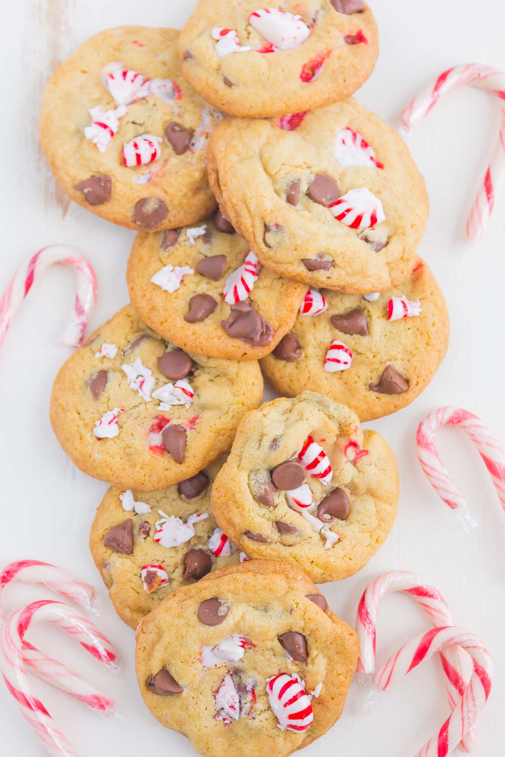 Top view of a pile of chocolate chip peppermint Christmas cookies. 