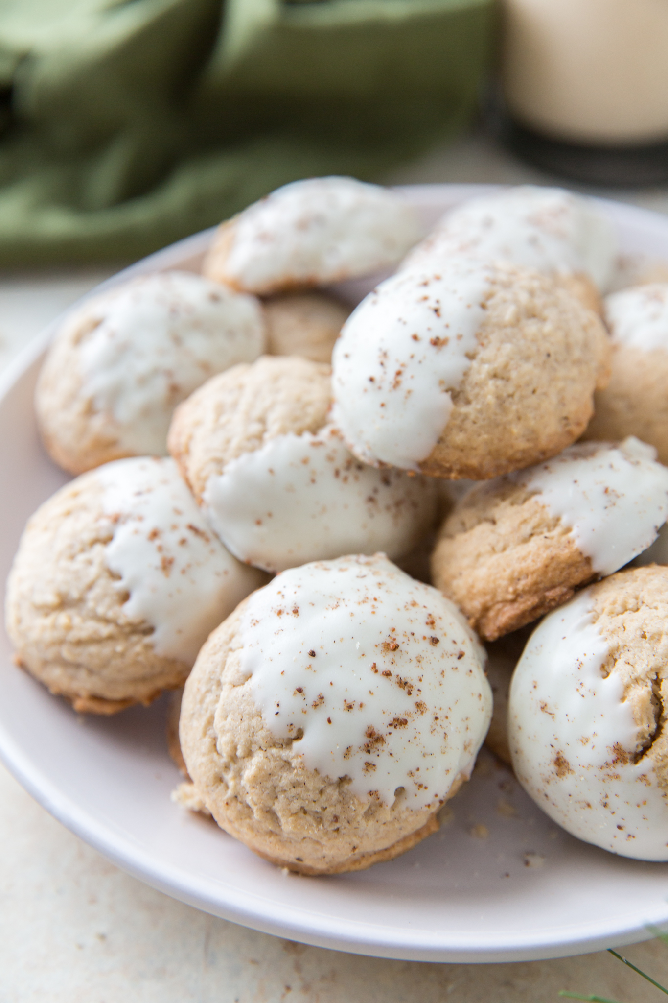 White Chocolate Eggnog Cookies on a white plate 