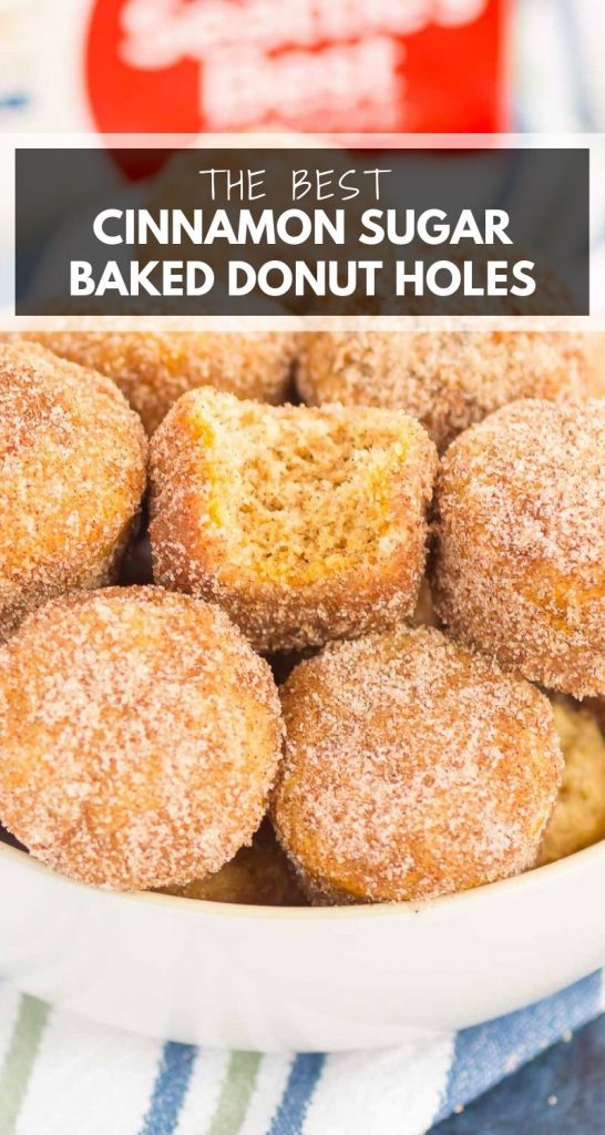 A bowl filled with cinnamon sugar coated baked donut holes, with one donut hole showing a bite taken out of it. Text overlay reads: The Best Cinnamon Sugar Baked Donut Holes.