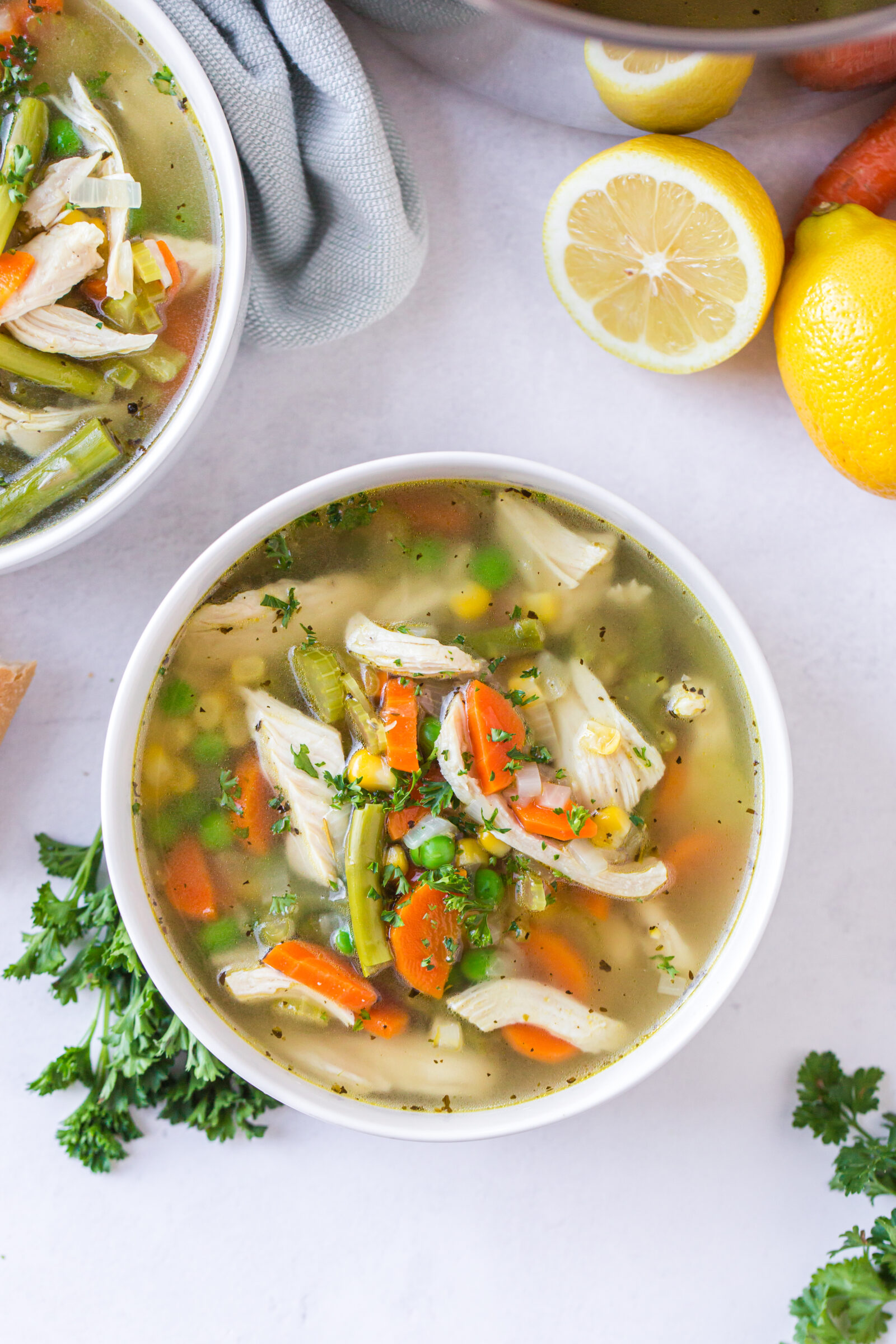 Overhead view of a bowl of spring chicken soup