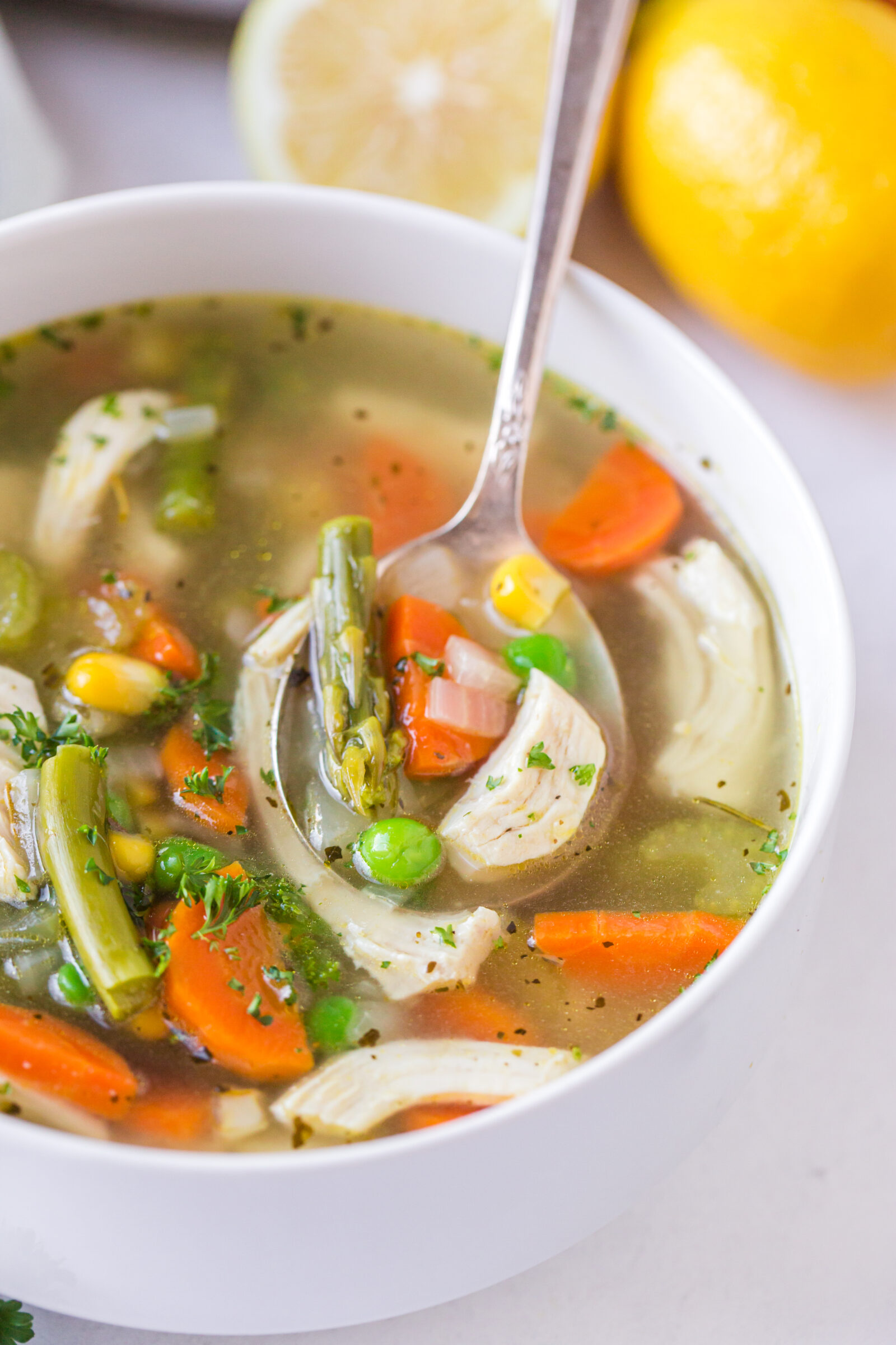 Close up of the contents of a bowl of spring chicken vegetable soup