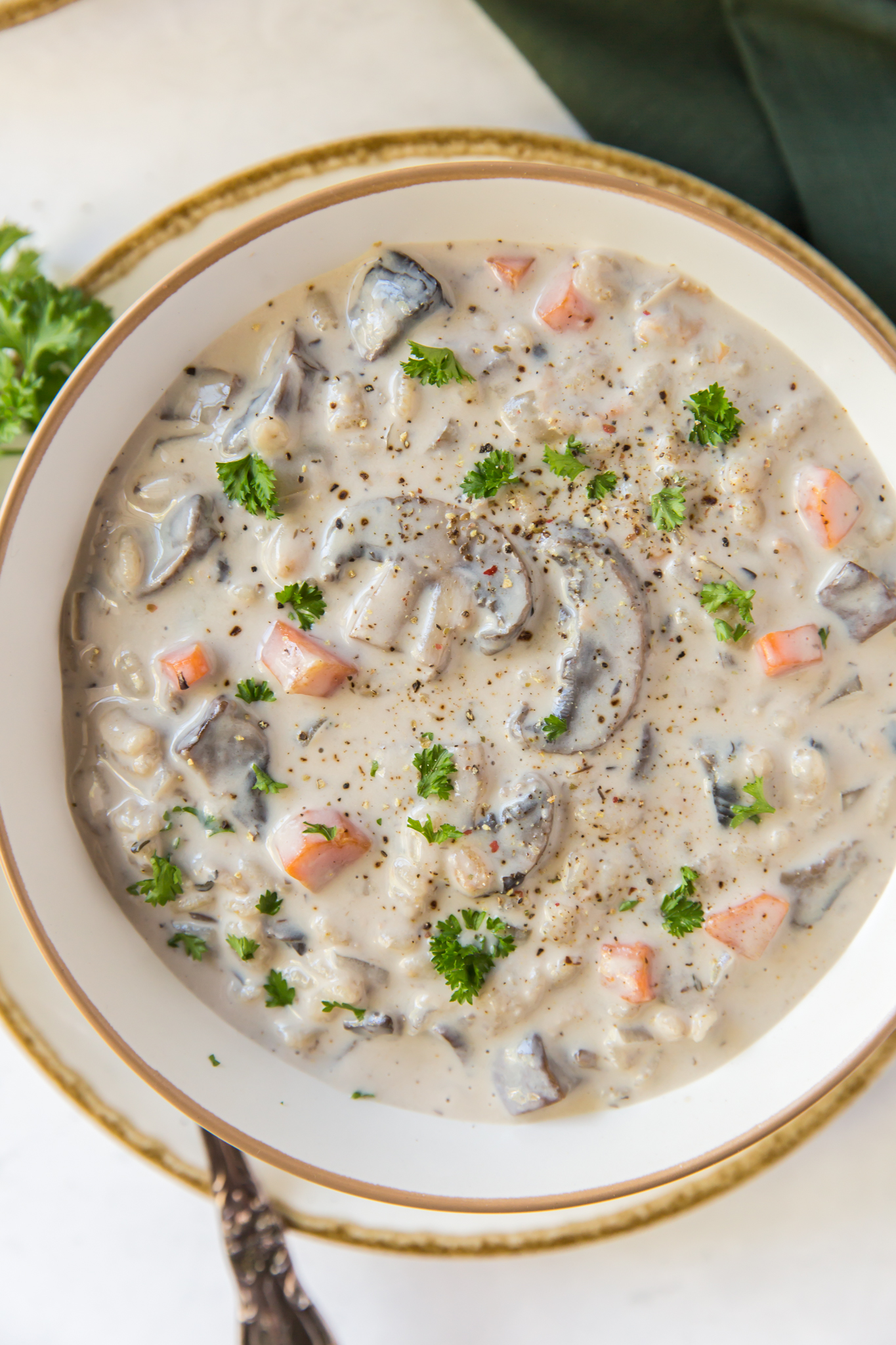 Overhead view of a bowl of creamy mushroom barley soup. 