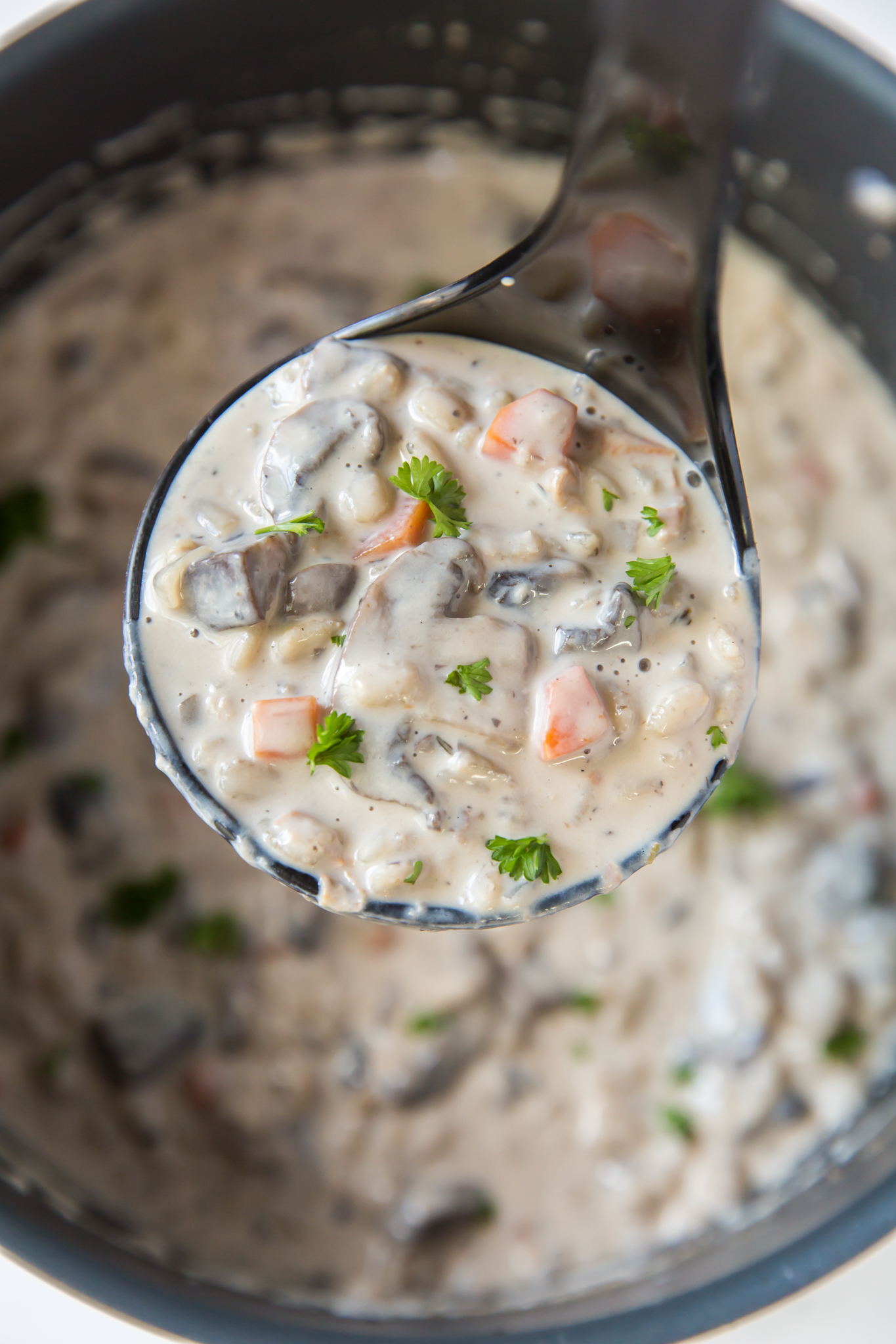 A ladle full of mushroom and barley soup, being held over a pot of soup. 