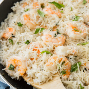 shrimp and rice in pan