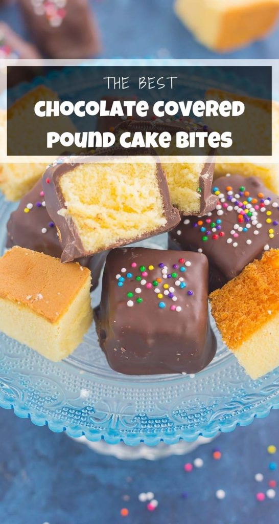 pound cake bites on cake stand