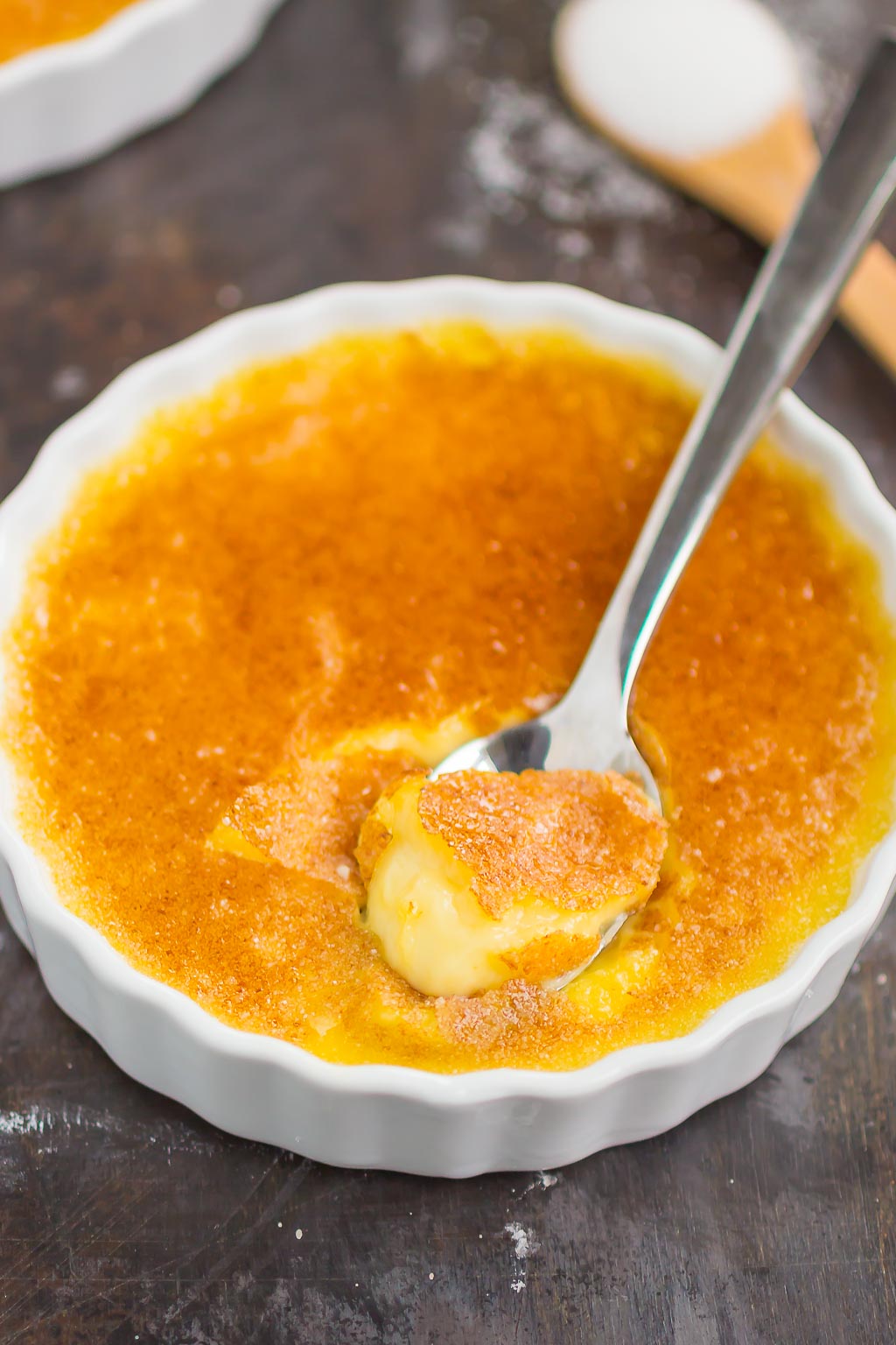 creme brulee in a white ramekin