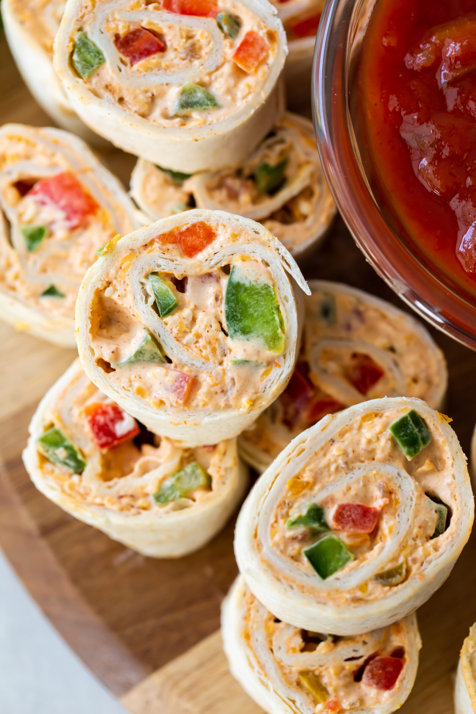 pinwheels on a wooden tray