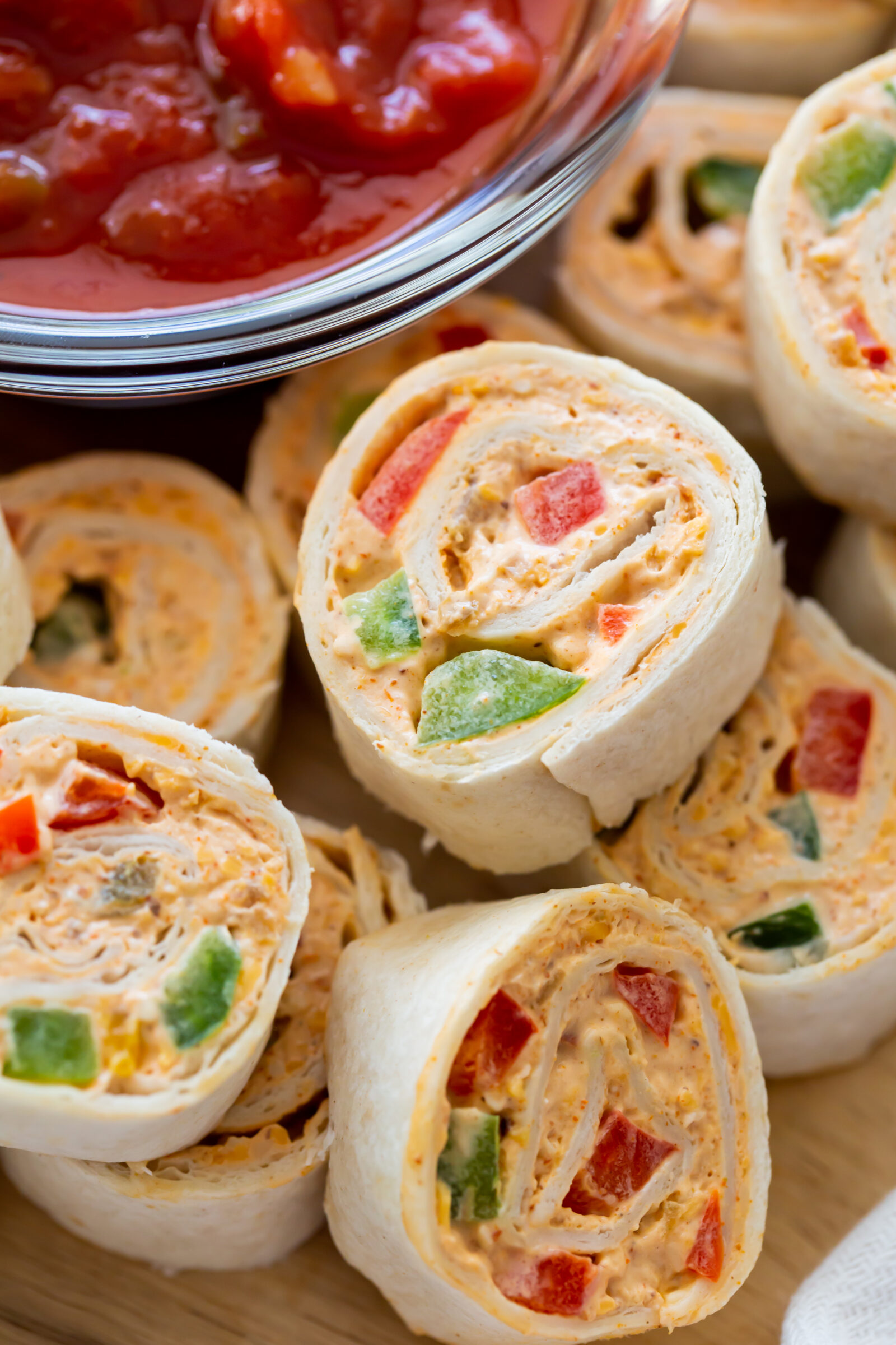 pinwheels on a wooden tray