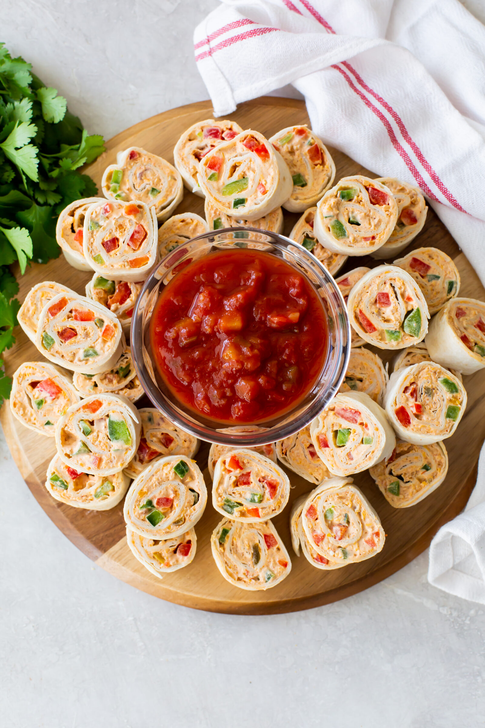 pinwheels on a wooden tray