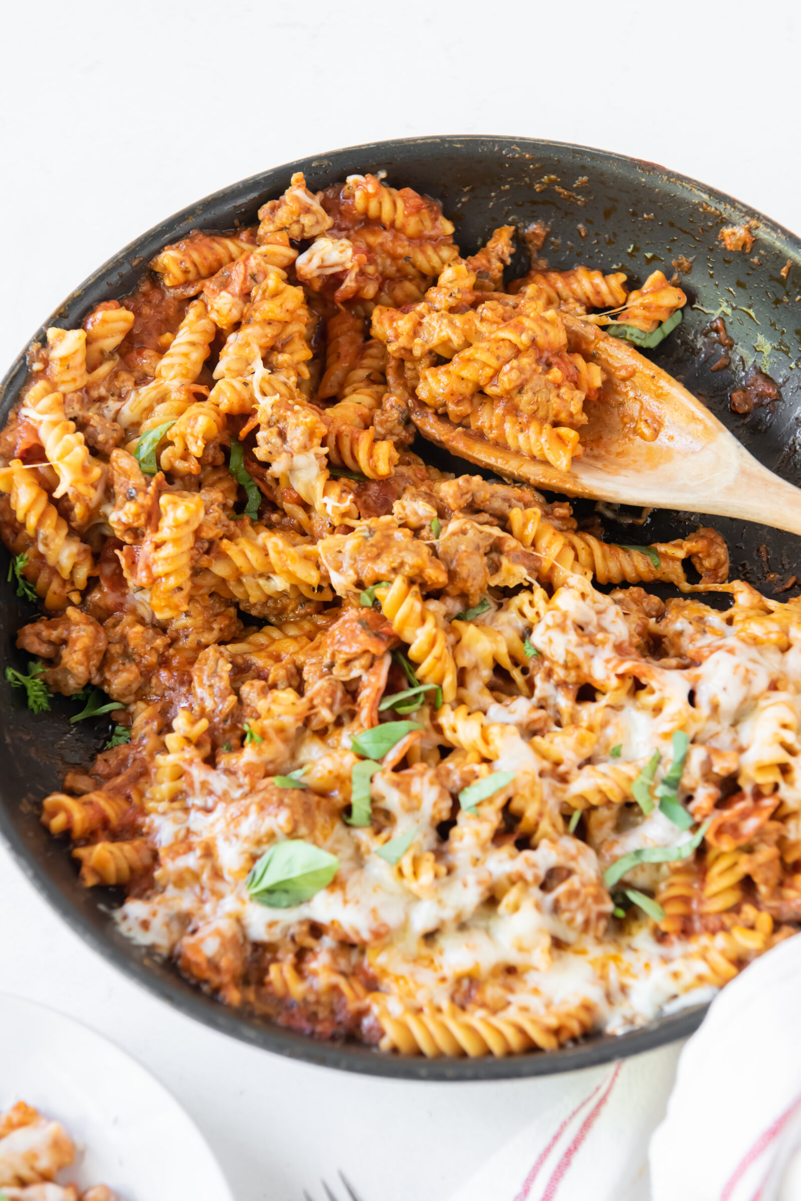 pasta in a black pan