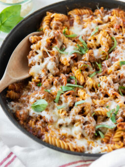 pasta in a black pan
