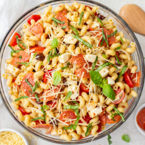 pasta salad in a white bowl