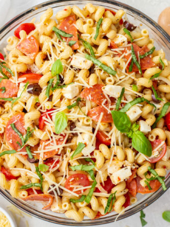 pasta salad in a white bowl