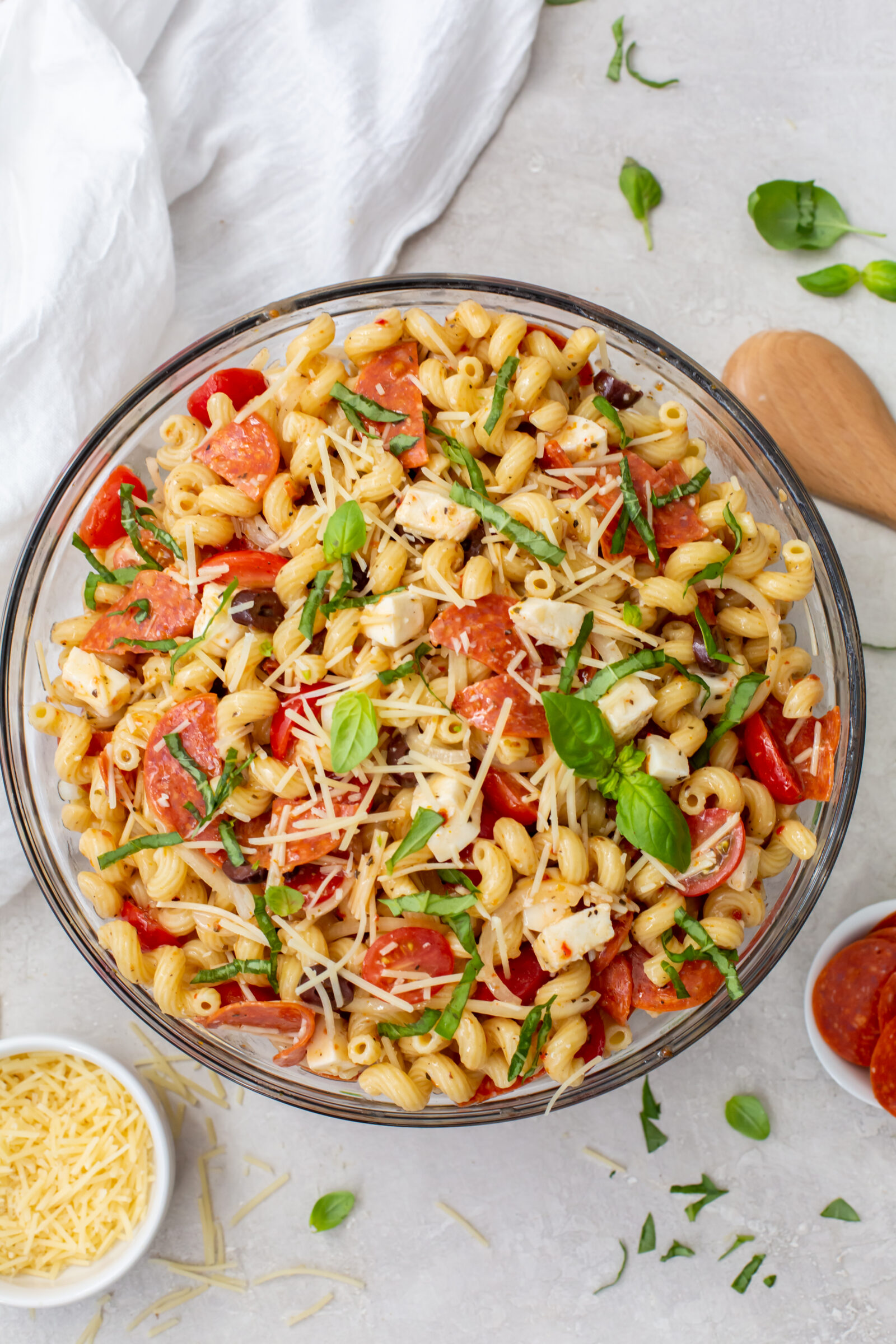 pepperoni pasta salad in a clear bowl