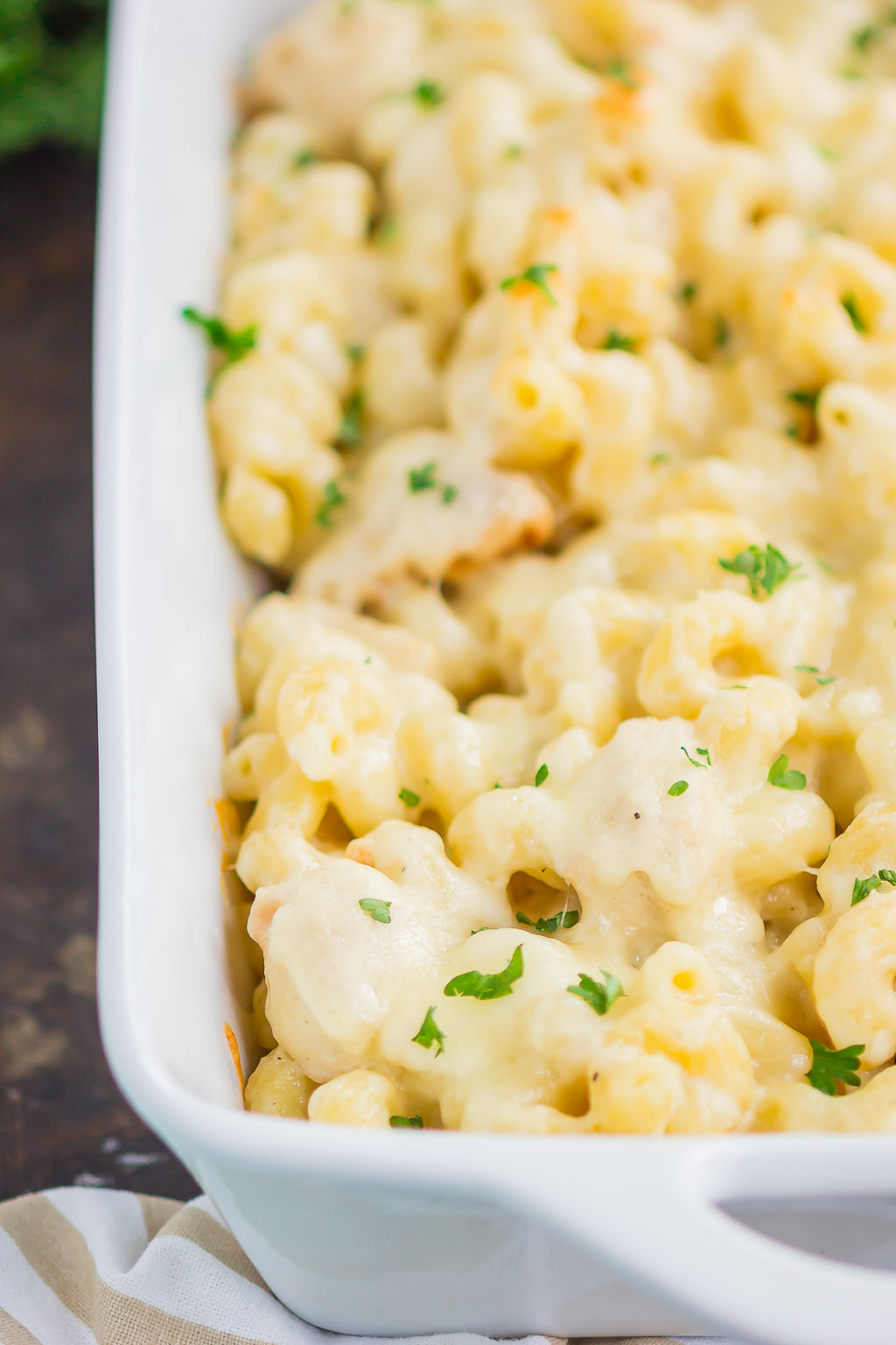 Cheesy chicken alfredo bake in a white casserole dish. 