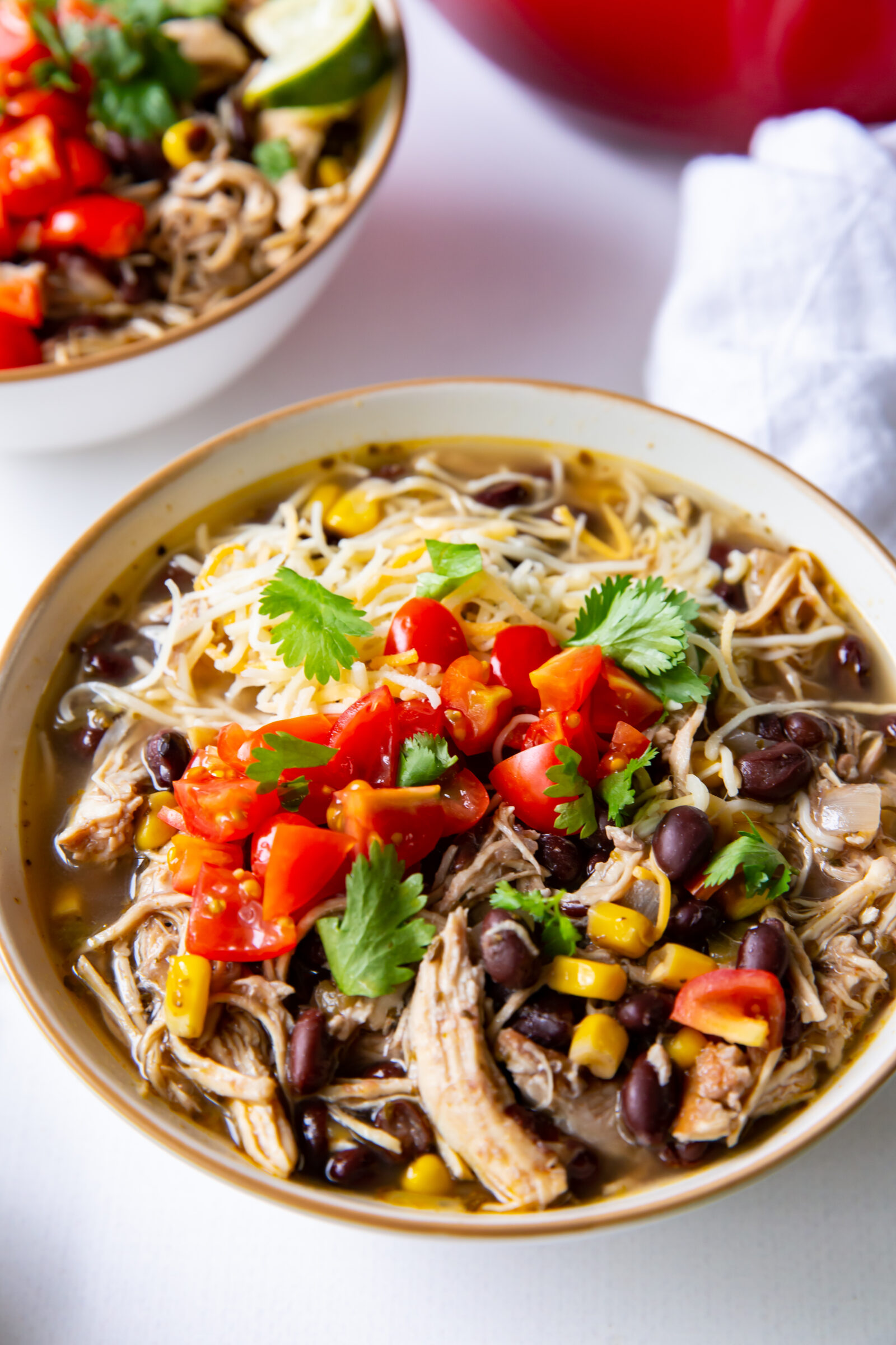 A bowl of black bean chicken chili garnished with cilantro, diced tomatoes, and cheese. 