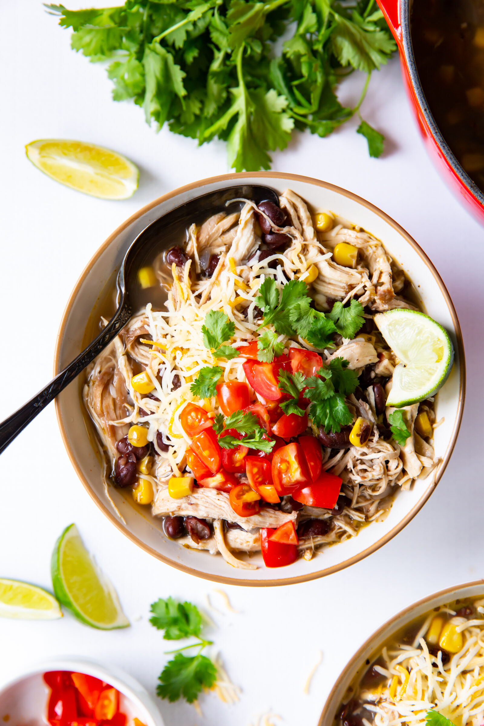 A bowl of black bean chicken chili garnished with cilantro, diced tomatoes, and cheese. 