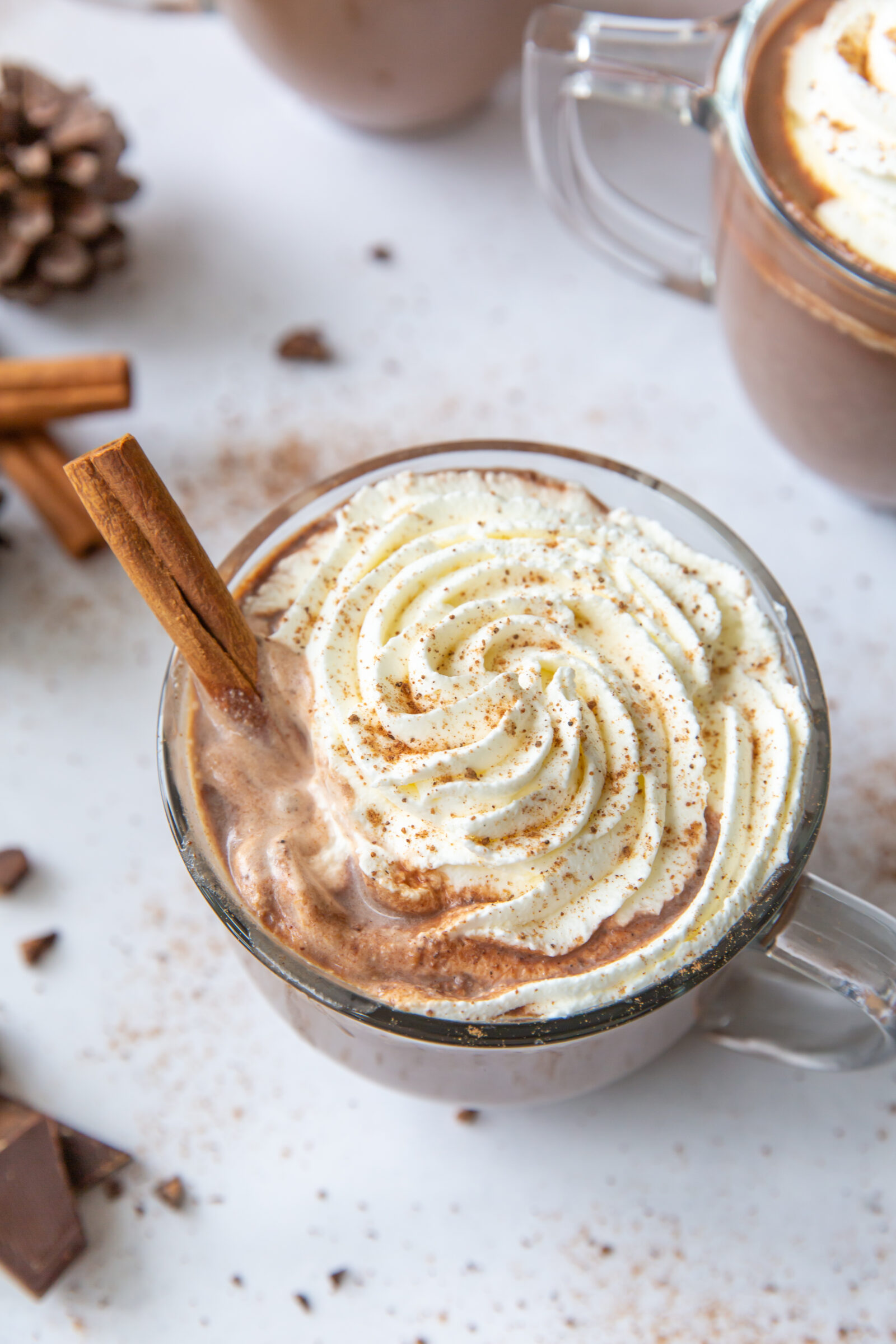 Top view of a mug of pumpkin spice hot chocolate. 