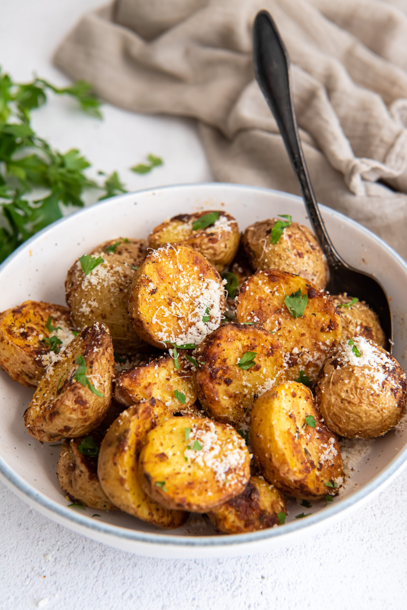 potatoes in a white dish