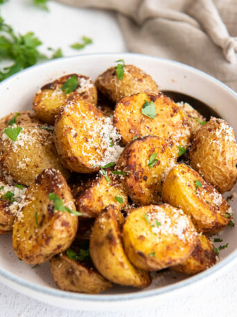 potatoes in a white dish