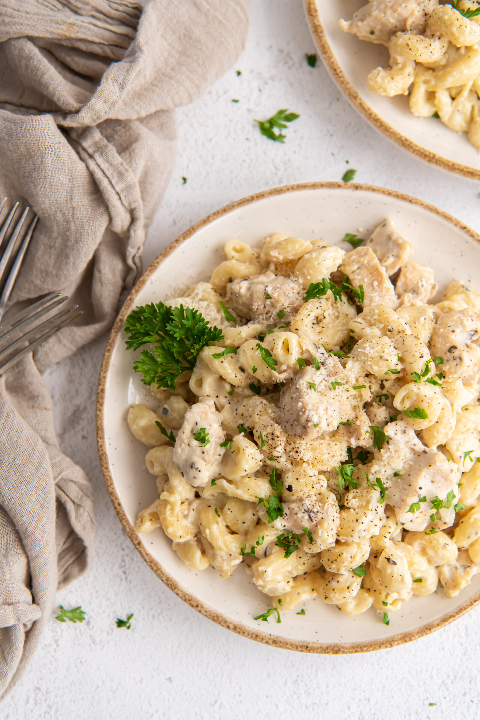 Overhead view of a plate of Instant Pot creamy chicken pasta. 