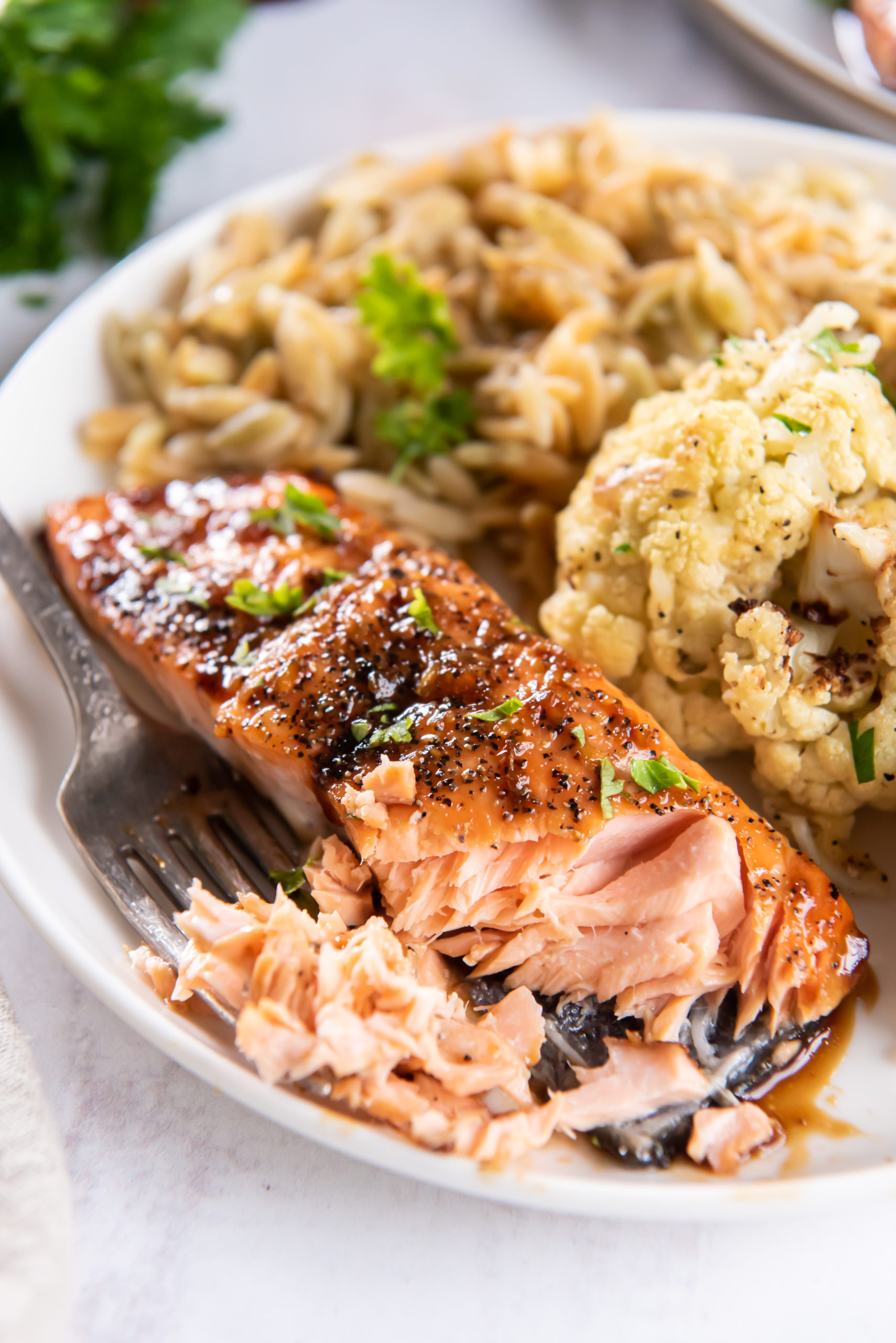 Flaked maple soy glazed salmon, orzo, and cauliflower on a white plate. 