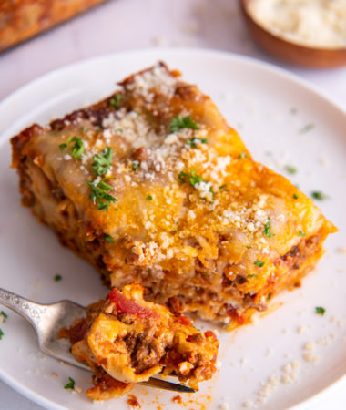 lasagna on a white plate
