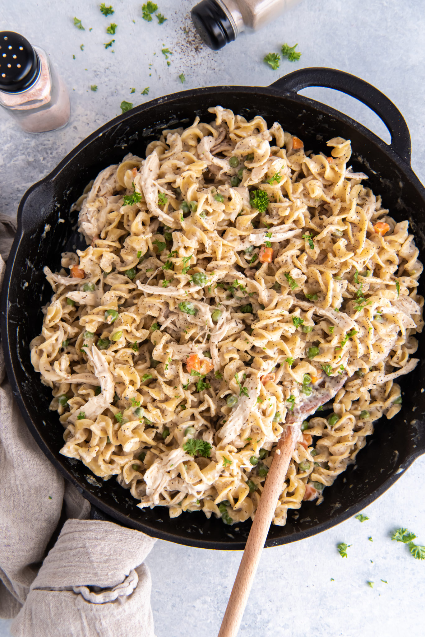overhead view of chicken pot pie noodles in a skillet