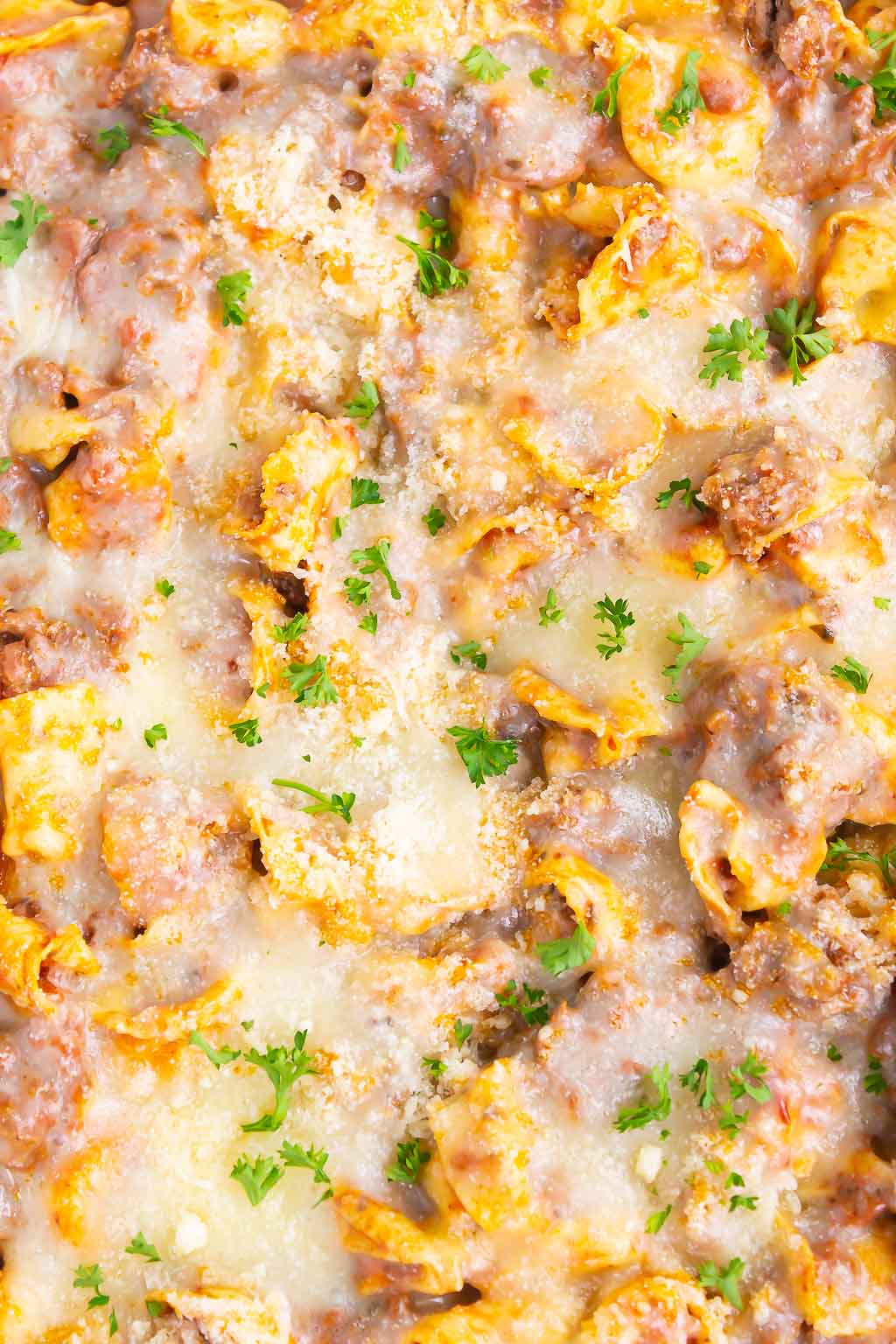 close up of baked tortellini