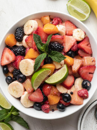 fruit salad in a white bowl