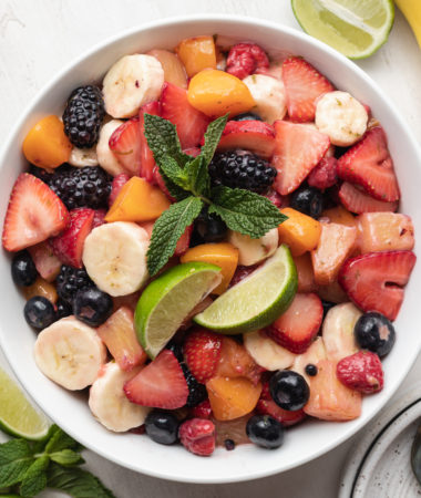 fruit salad in a white bowl