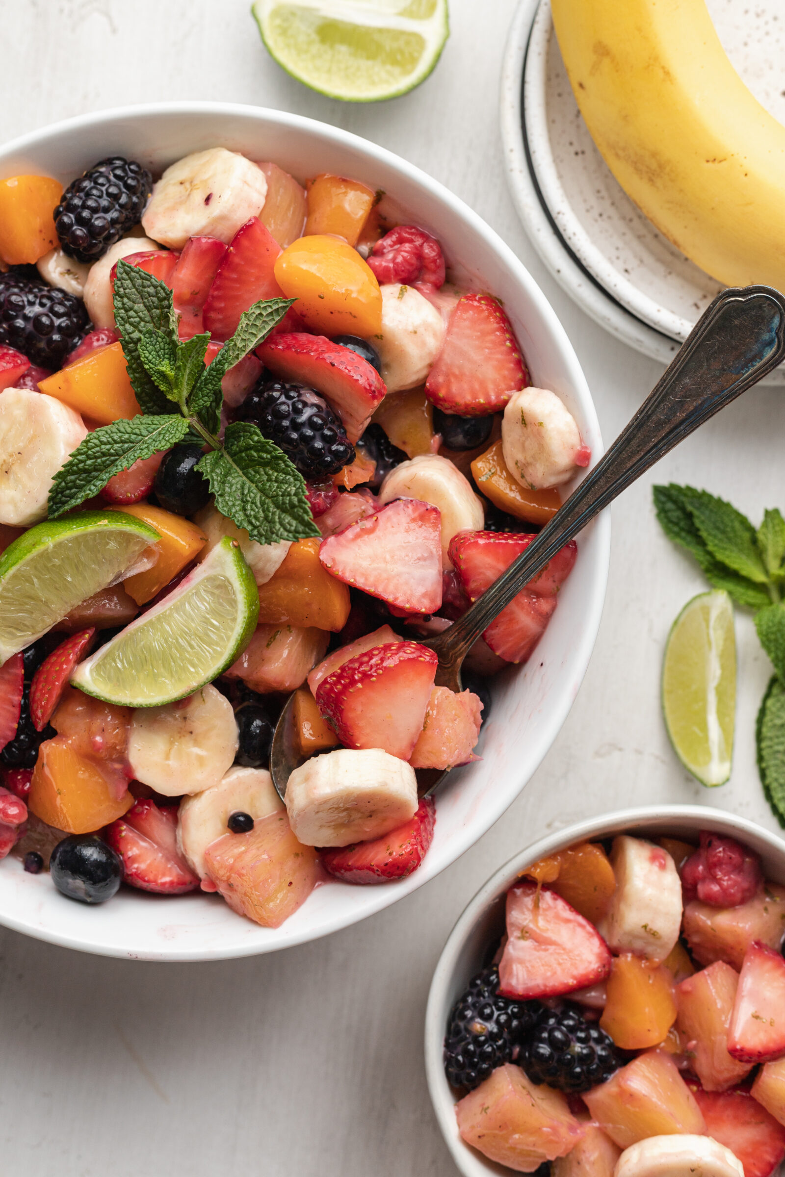 fruit salad in white bowl