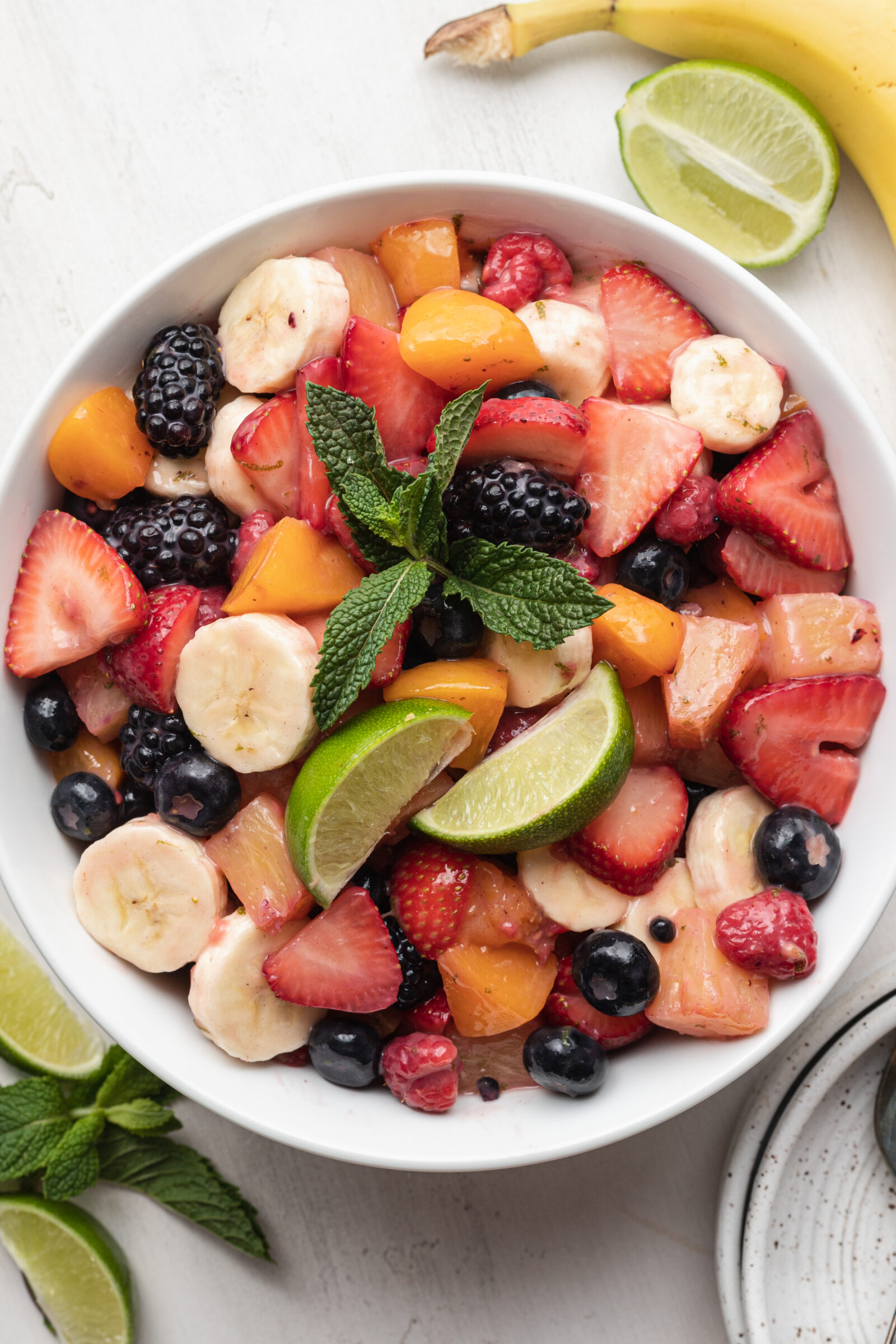 fruit salad in a white bowl