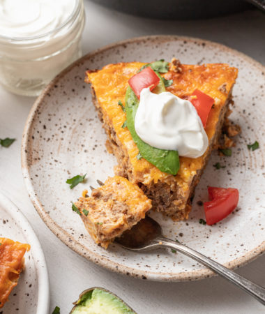 taco egg bake in a cast iron skillet