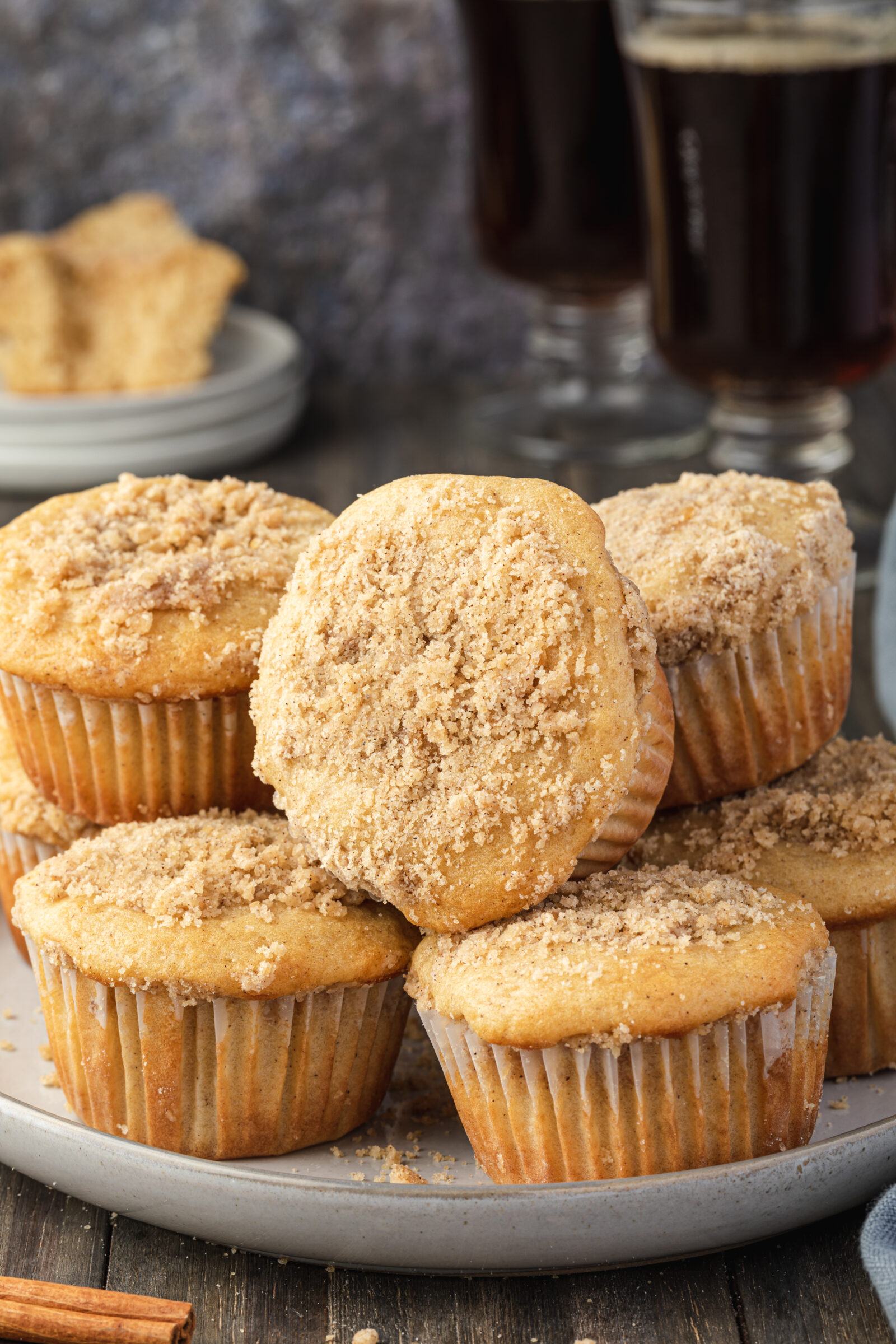 A stack of muffins from pancake mix on a white plate. 