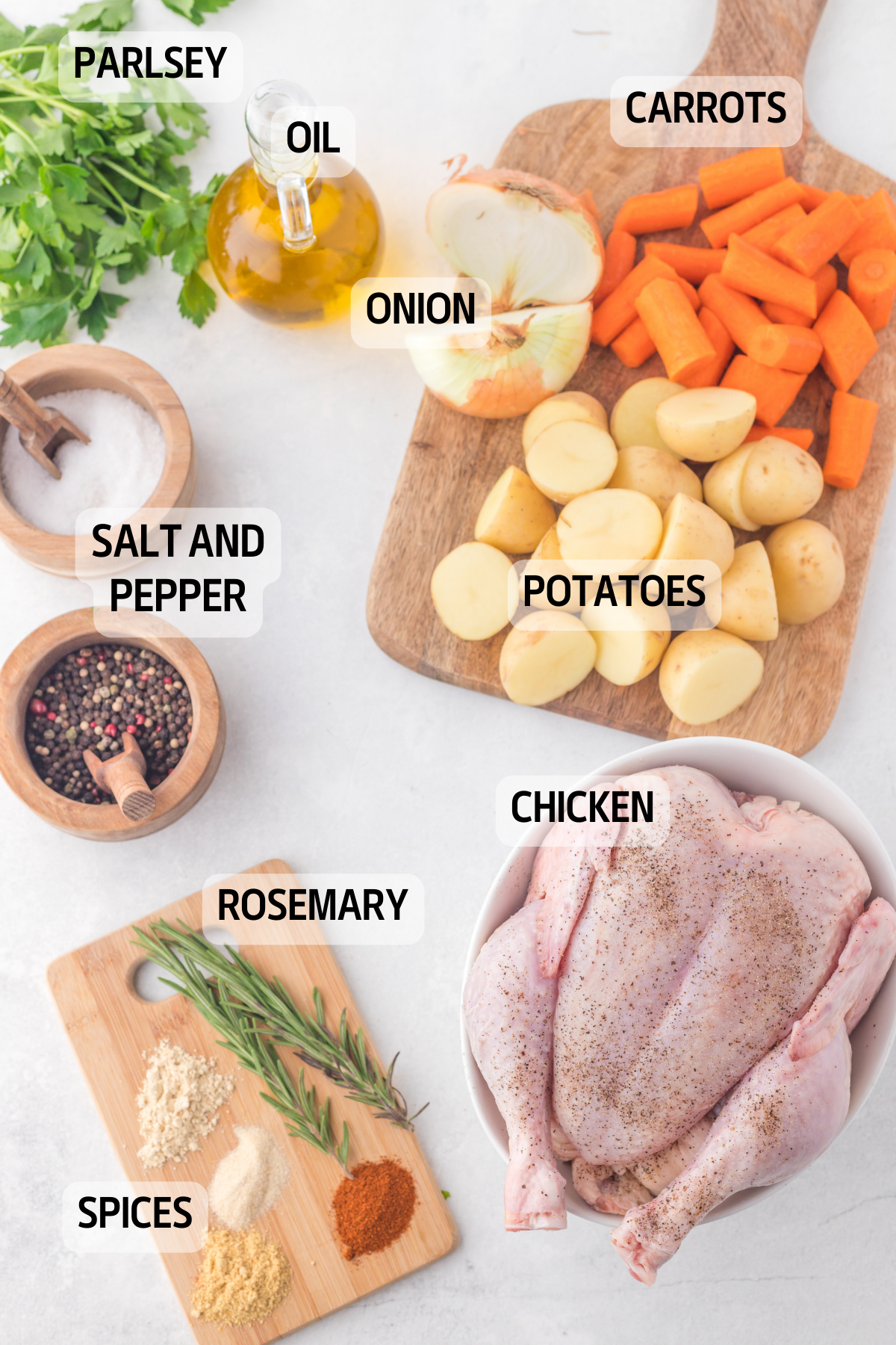 Overhead view of the ingredients needed to make a slow cooked whole chicken. 