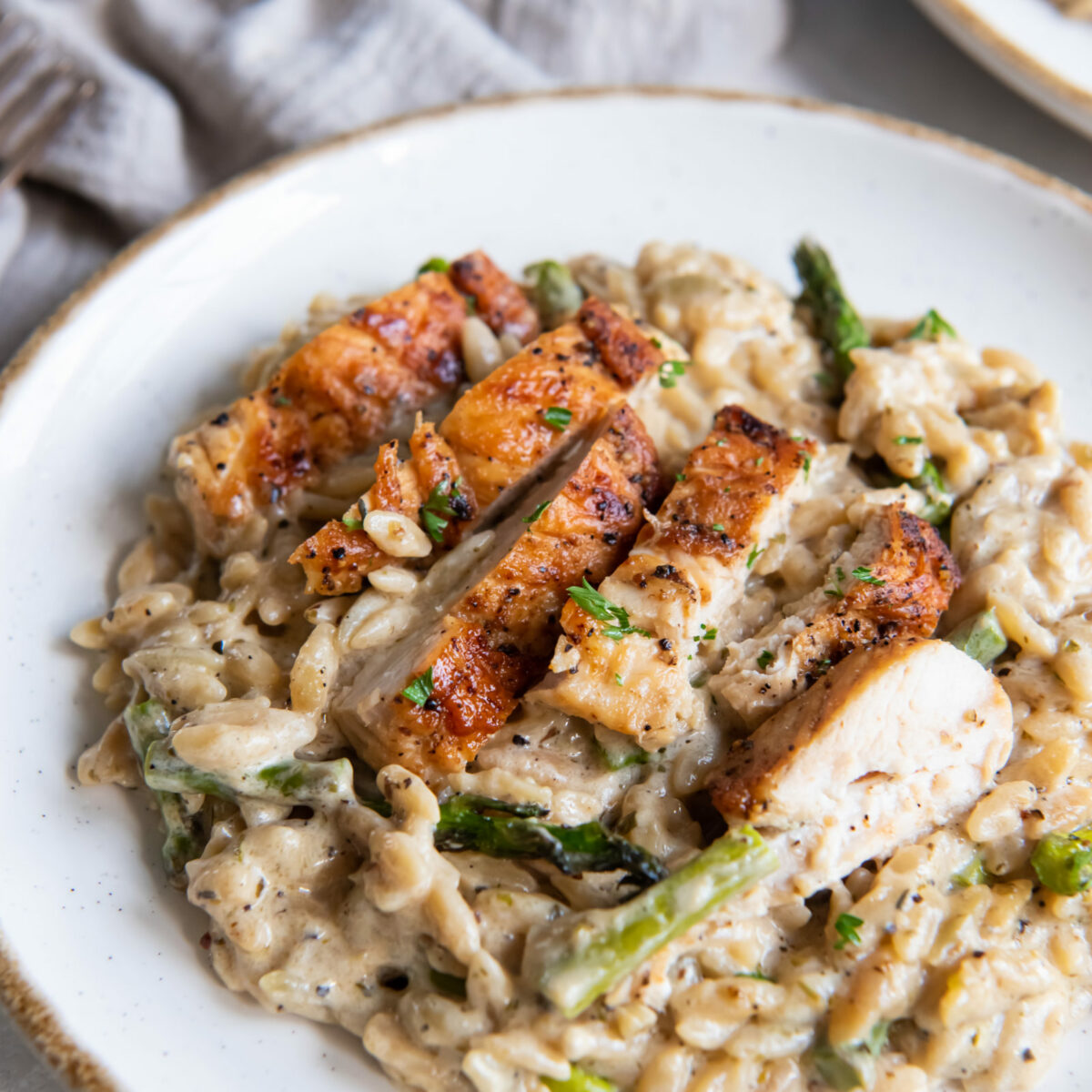 Chicken and asparagus orzo on a white plate.