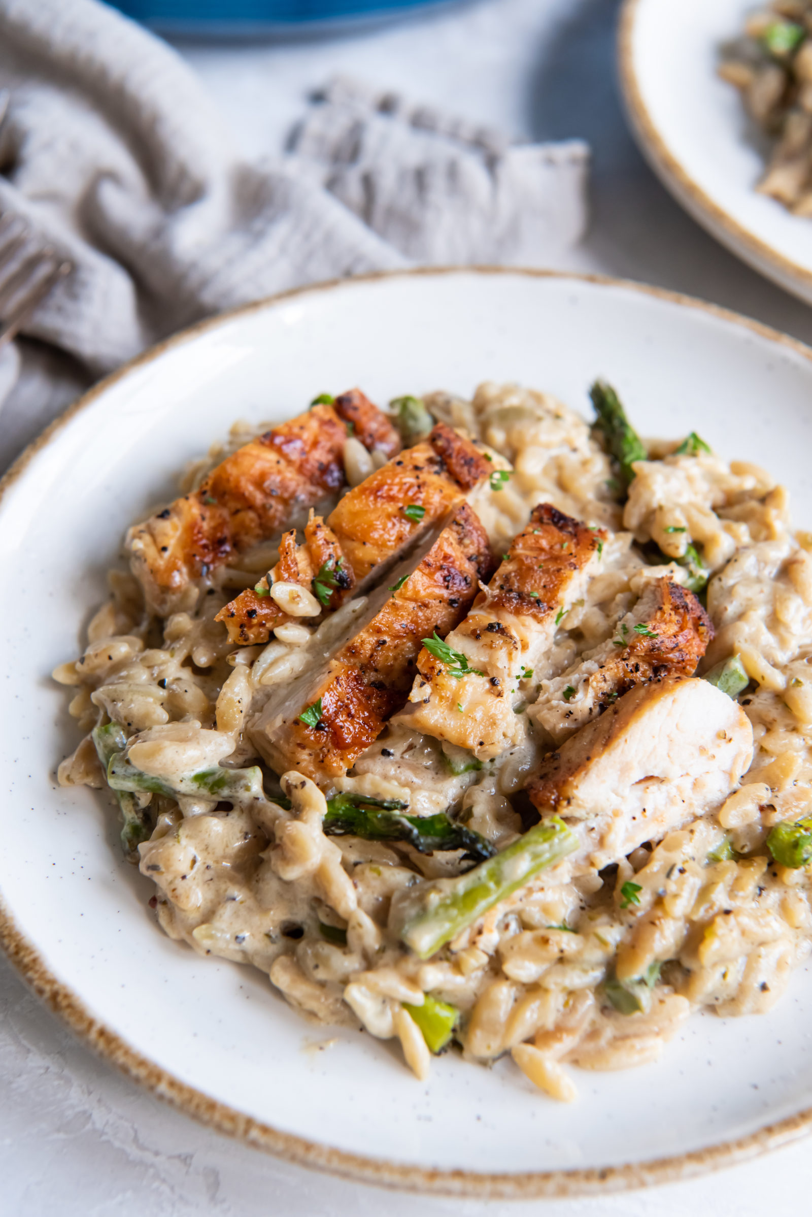 Chicken and asparagus orzo on a white plate. 
