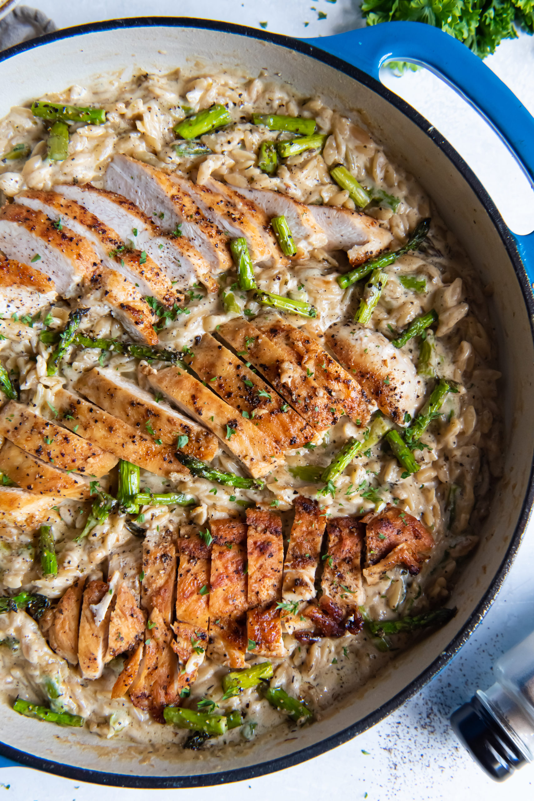 Overhead view of creamy chicken orzo with asparagus in a Dutch oven. 