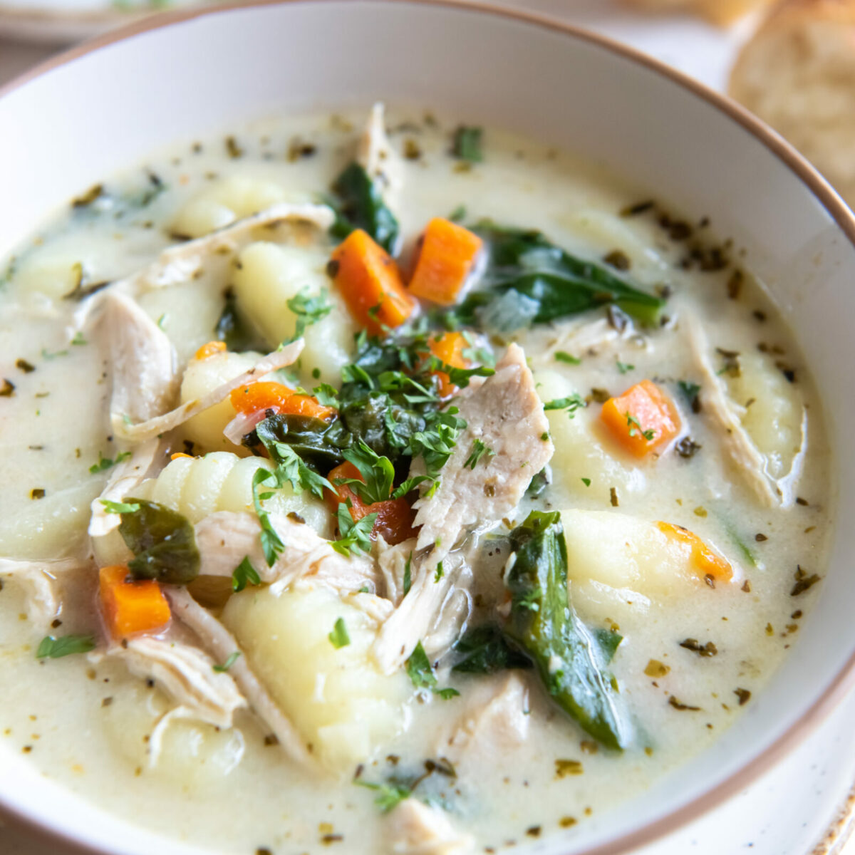 chicken and gnocchi soup in a white bowl