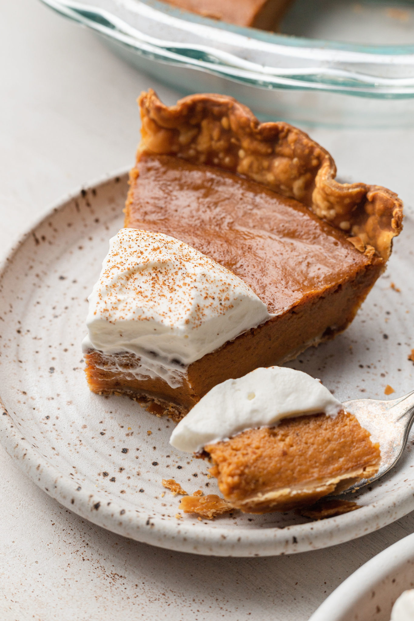 slice of pie on a white plate with whipped cream on top and fork on the side