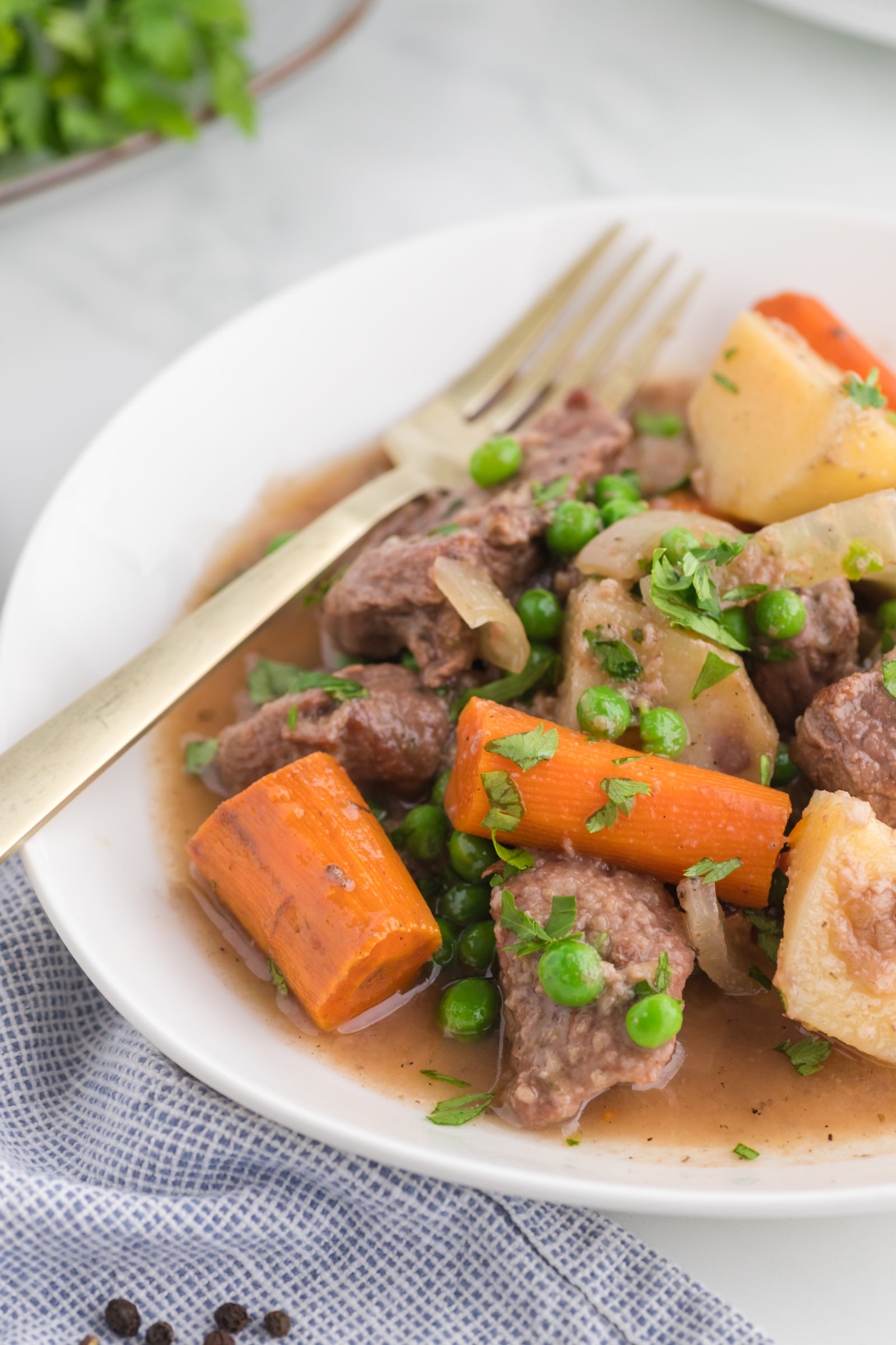 Old fashioned slow cooker beef stew in a white bowl with a fork. 