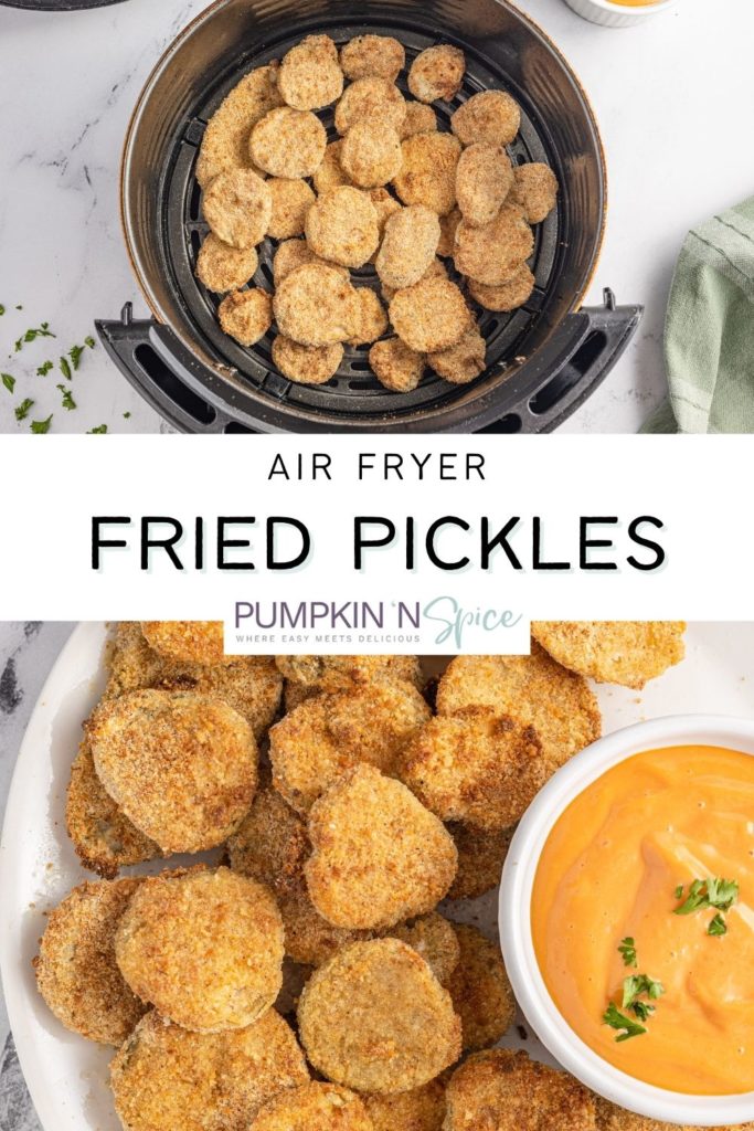 pickles in an air fryer basket and white dish