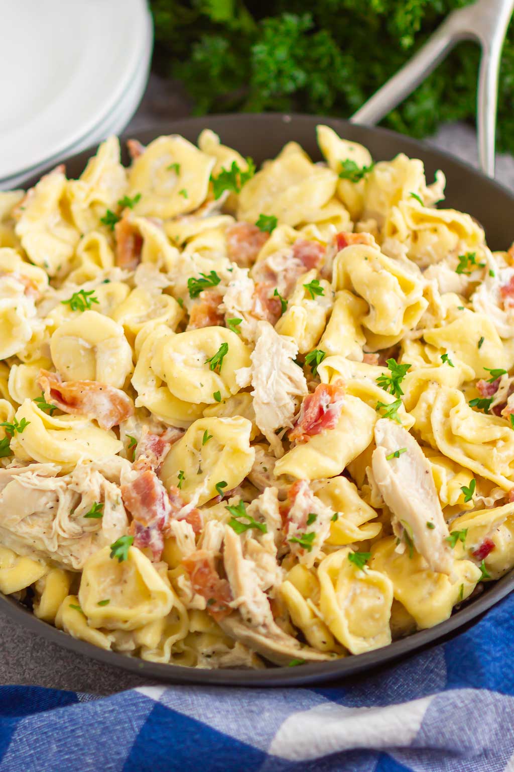 tortellini in a black skillet